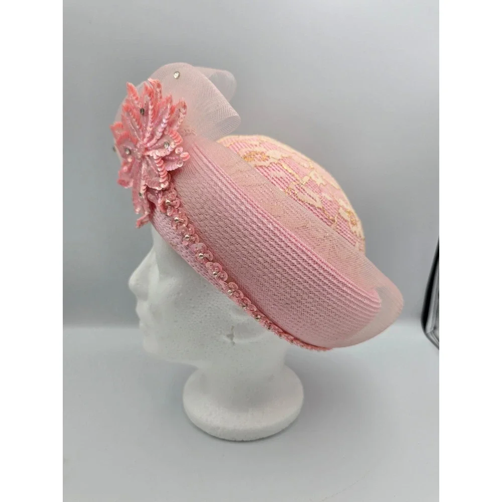 Mr Hi's Classic Pillbox Hat Womens OS Pink Good Sequin Lace Floral Church‎ Derby